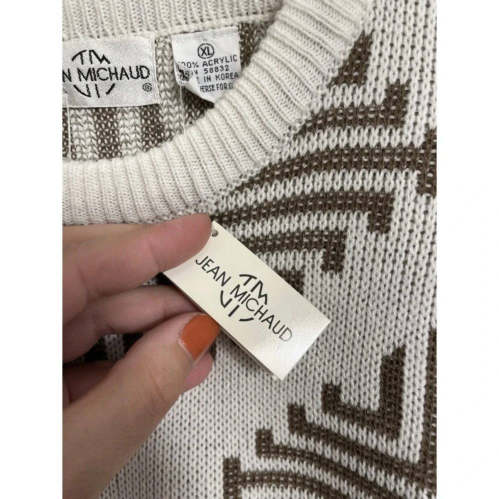 80s 90s Jean Michaud Sweater All Over Print White Brown XL NWT Knit